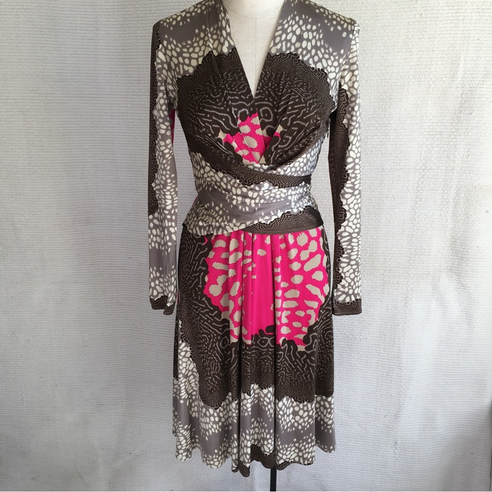 Issa London Dress M US8 UK12 Stretch Silk Animal Print Long Sleeve Brown Pink